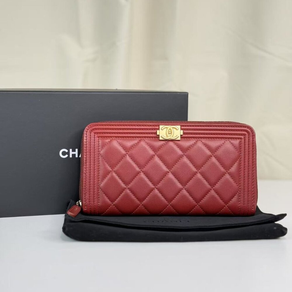 Chanel Dark Red Boy Wallet with Box Quilted Design & Gold Hardware